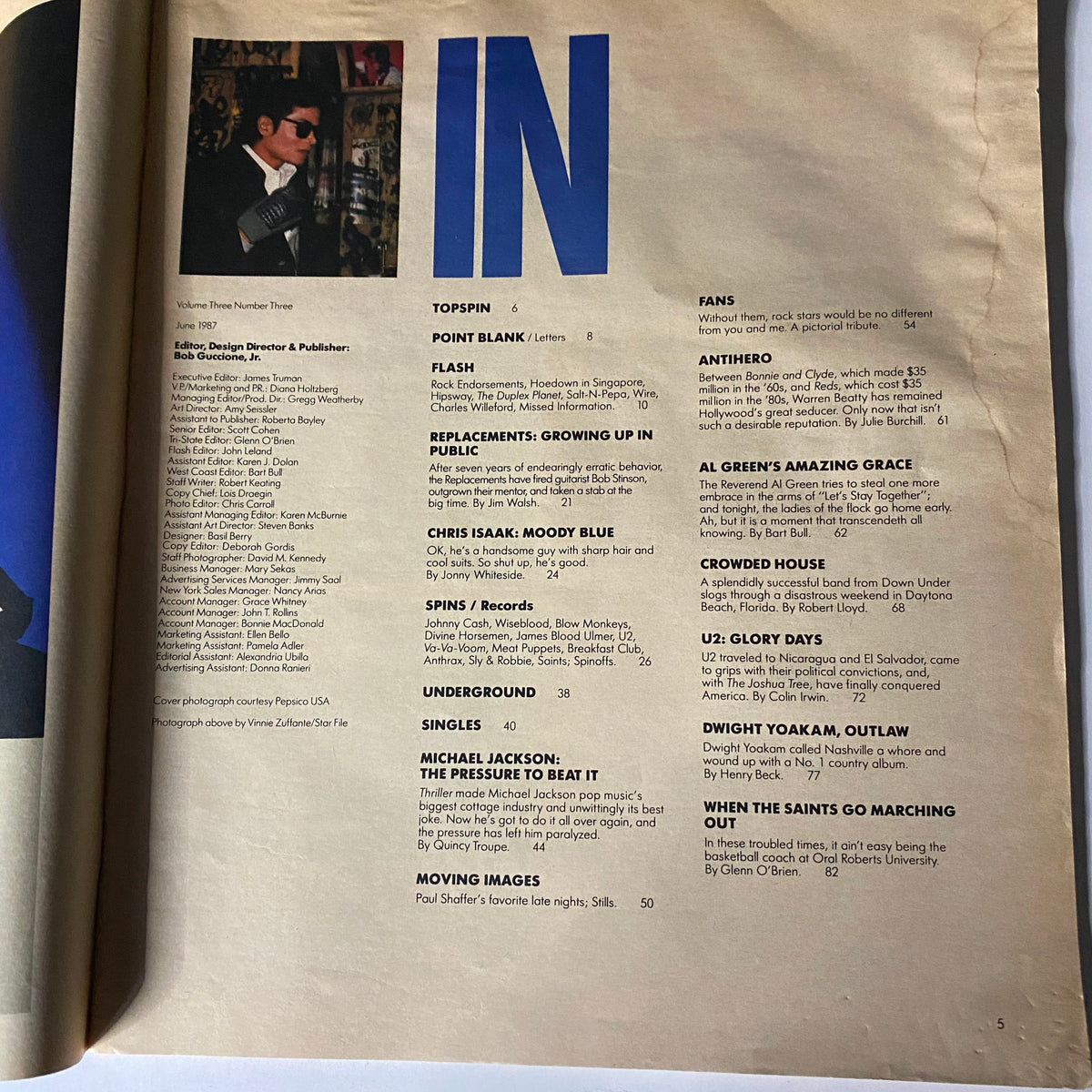 Contents page of Spin Magazine June 1987 Vol 3 No. 3 with features on Michael Jackson and U2, showcasing music culture and trends.