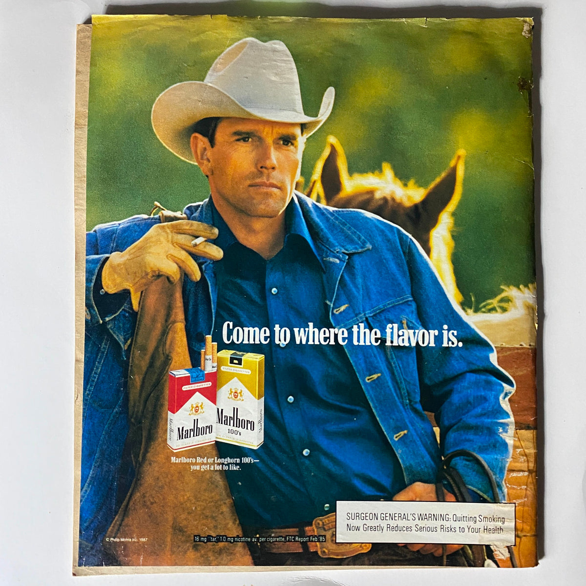 Vintage advertisement for Marlboro cigarettes from the back cover of Spin Magazine June 1987 Vol 3 No. 3, featuring a cowboy theme.