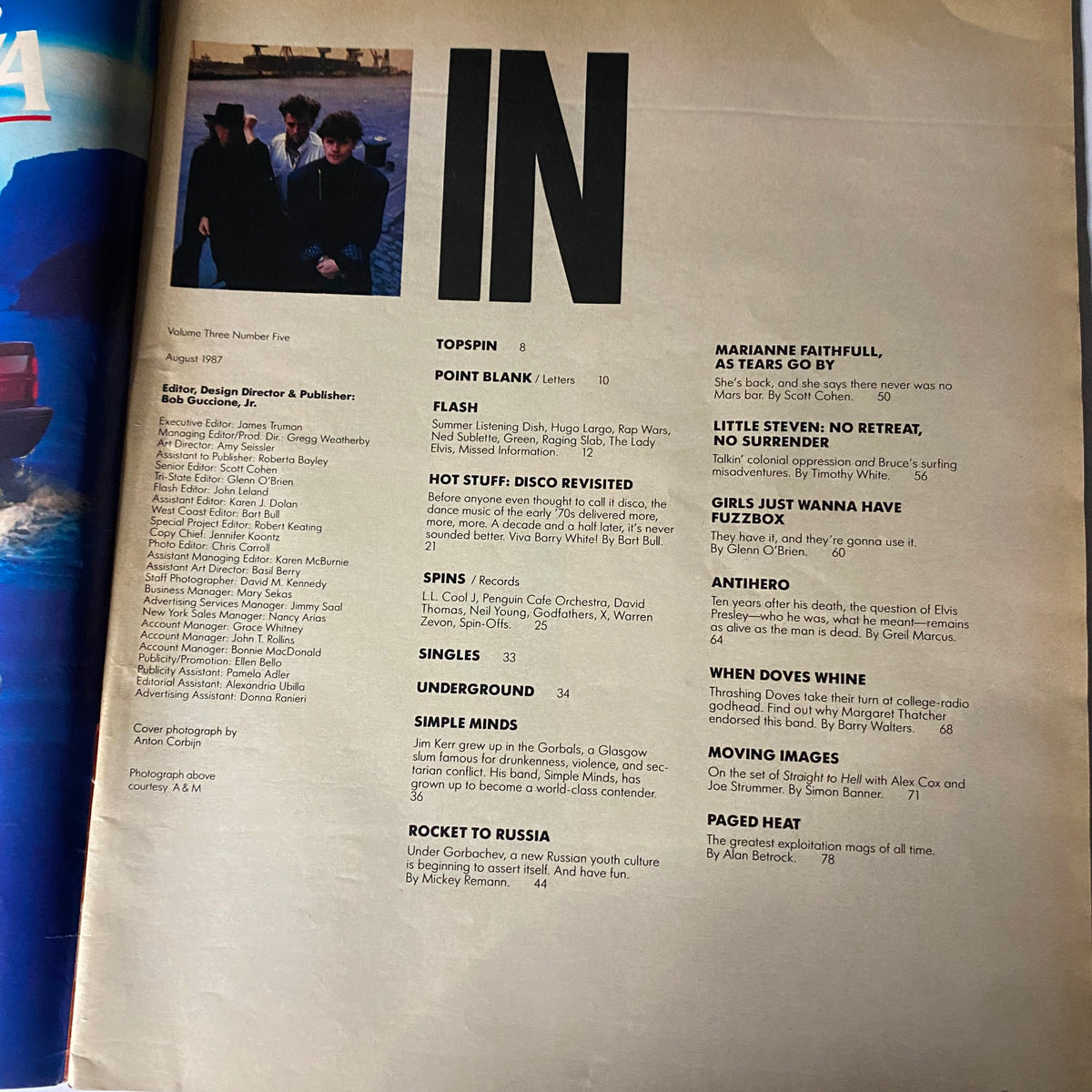Interior page of VTG Spin Magazine August 1987 Vol 3 No. 5, highlighting articles and features including Simple Minds and Little Steven.