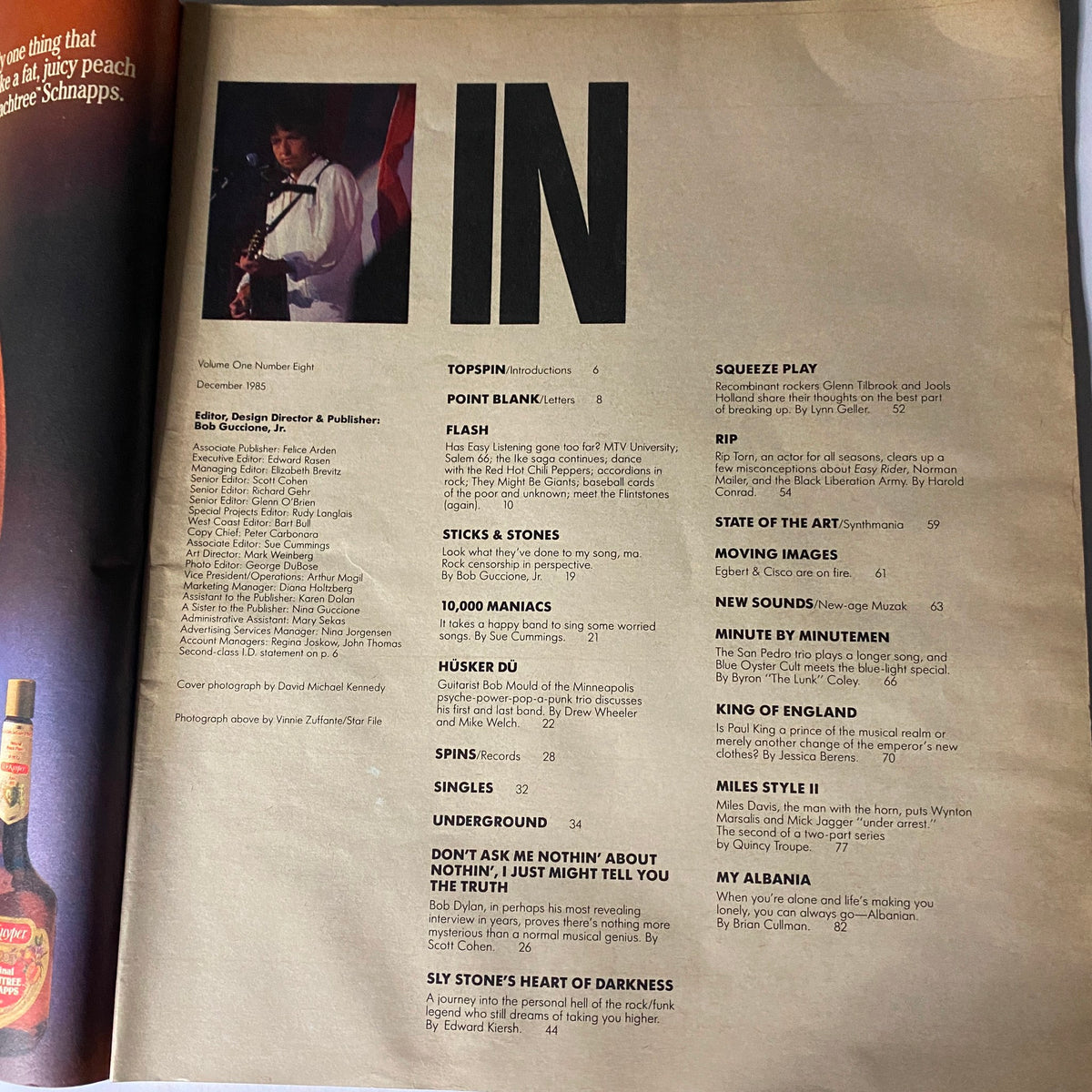 Inside page of VTG Spin Magazine December 1985 Vol 1 No. 8 showcasing the table of contents with featured articles about music, including Sly Stone's Heart of Darkness.