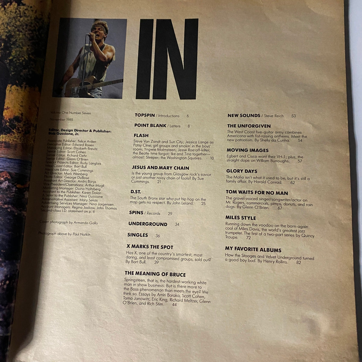 Inside page of VTG Spin Magazine November 1985 Vol 1 No. 7 featuring a list of articles and topics including 'The Meaning of Bruce' and various music features.