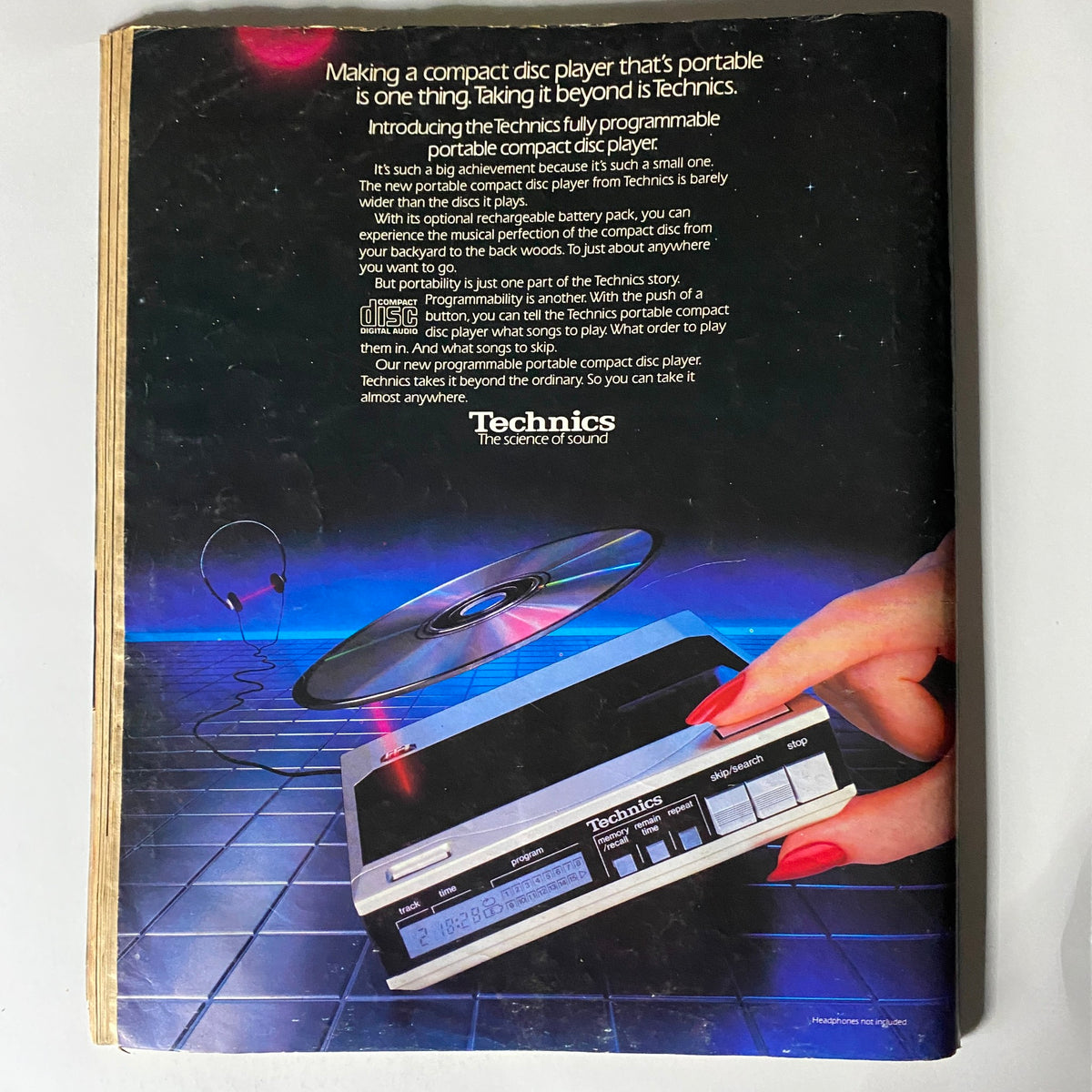 Advertisement for Technics portable compact disc player in VTG Spin Magazine November 1985 Vol 1 No. 7 Bruce Springsteen No Label, highlighting innovative music technology.