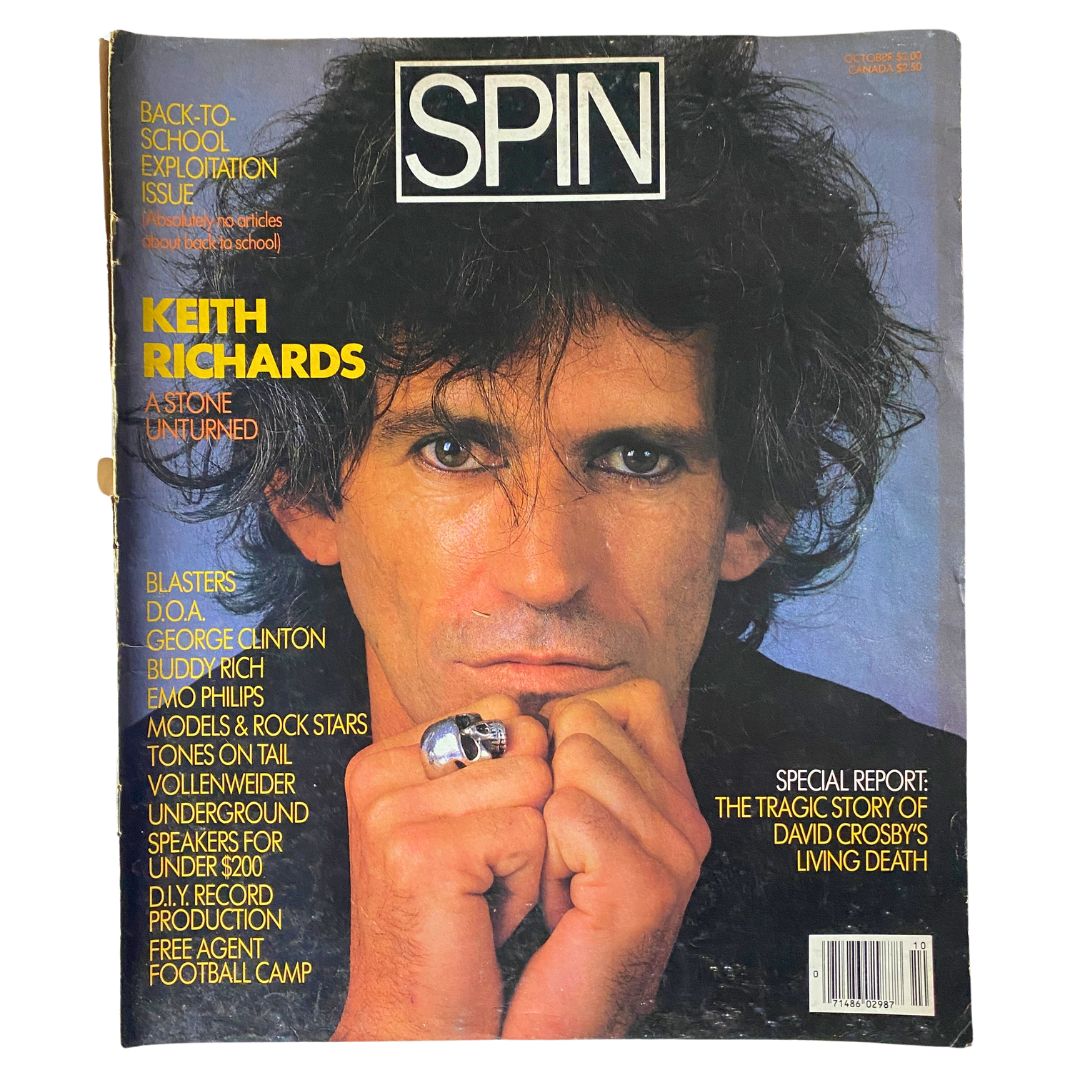 Vintage Spin Magazine October 1985, featuring Keith Richards on the cover. A collectible issue highlighting the rock legend, symbolizing a pivotal moment in music history.