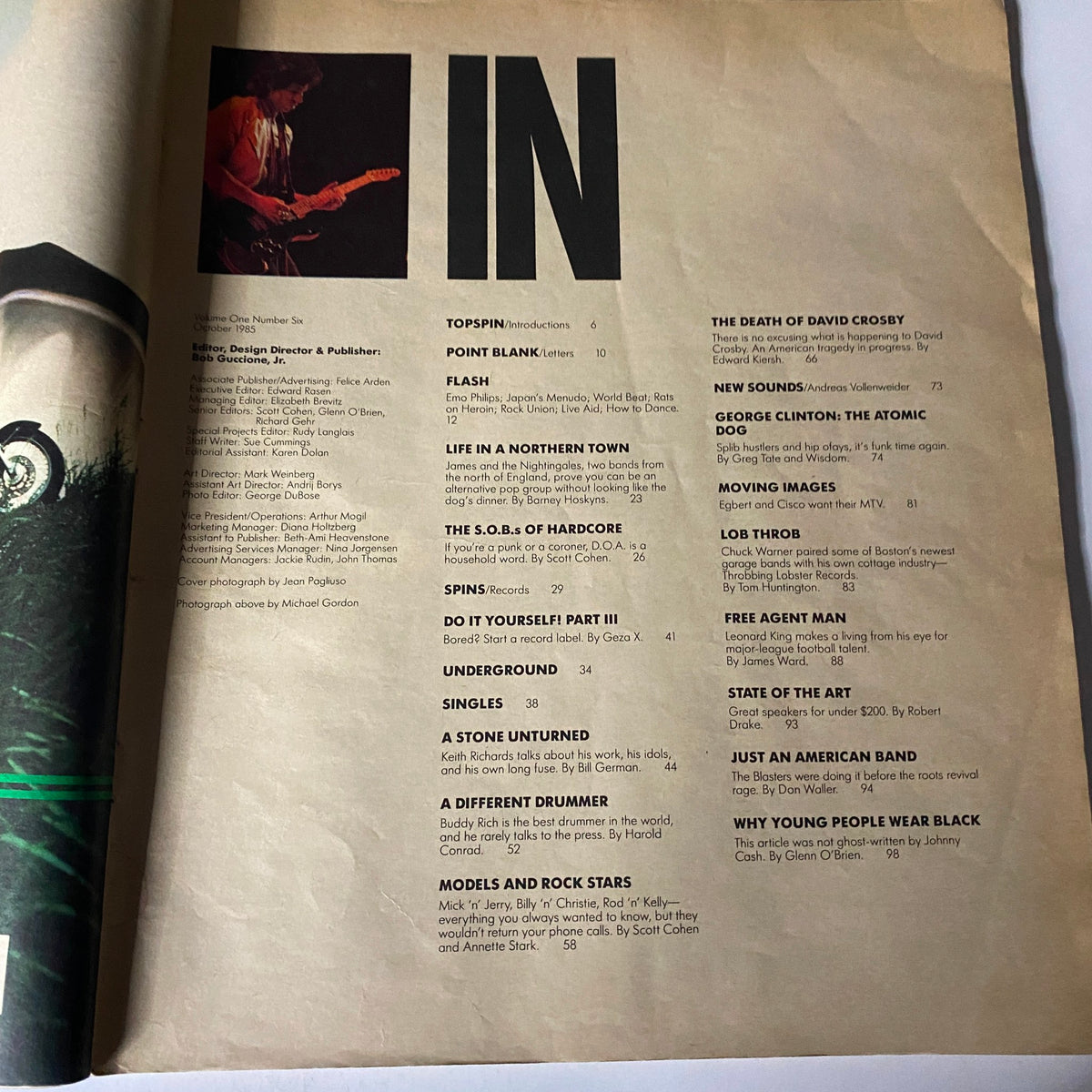 Inside page of Spin Magazine October 1985, presenting the table of contents. This issue includes articles about Keith Richards and the 1980s music scene, celebrating rock history.