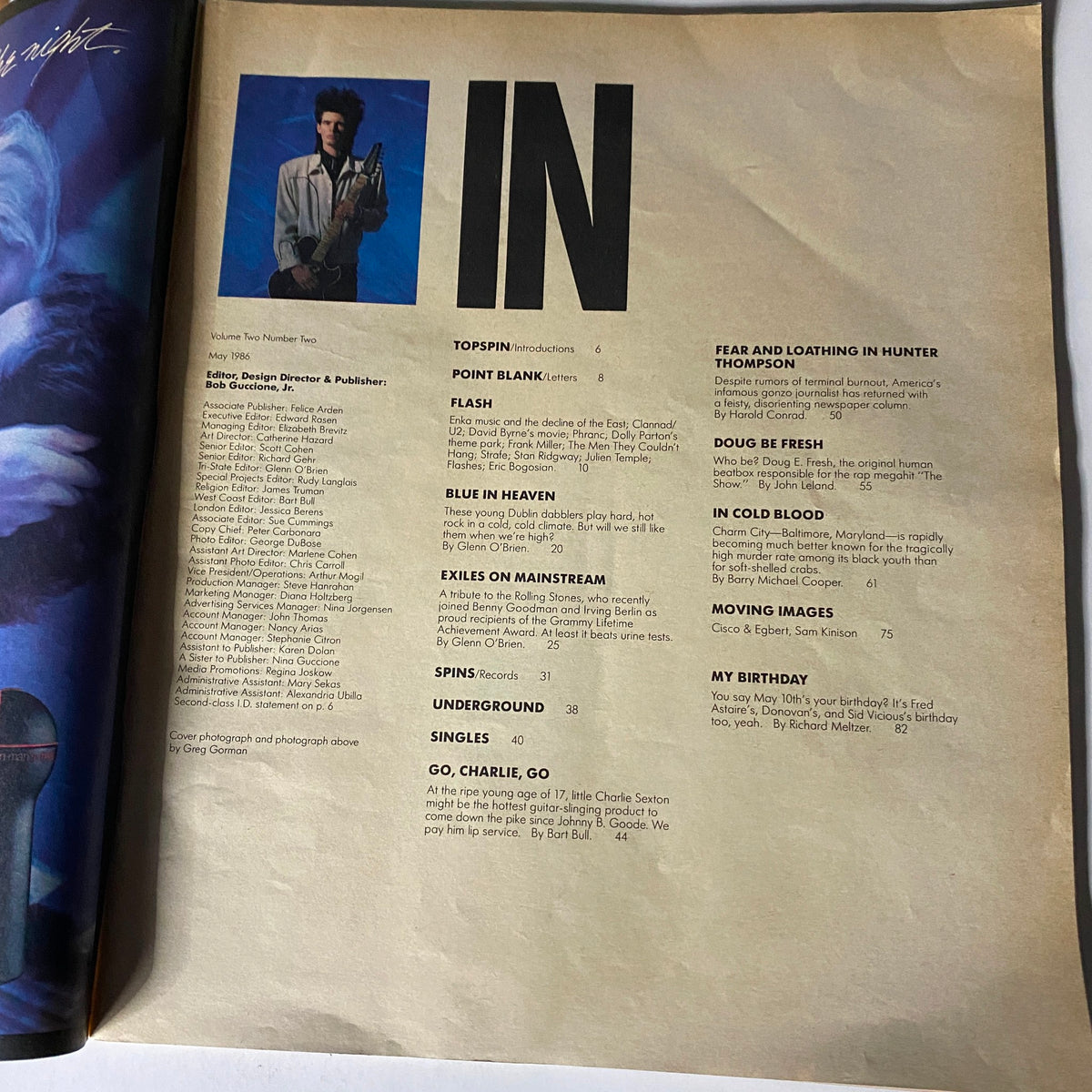 Interior page of VTG Spin Magazine May 1986 displaying a contents list, highlighting articles about Charlie Sexton and other artists, indicative of the vibrant 1980s music scene.