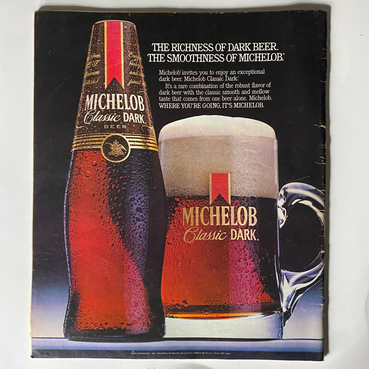 Back cover of VTG Spin Magazine May 1986 featuring an advertisement for Michelob Classic Dark beer, showcasing the product and emphasizing its rich, smooth qualities.