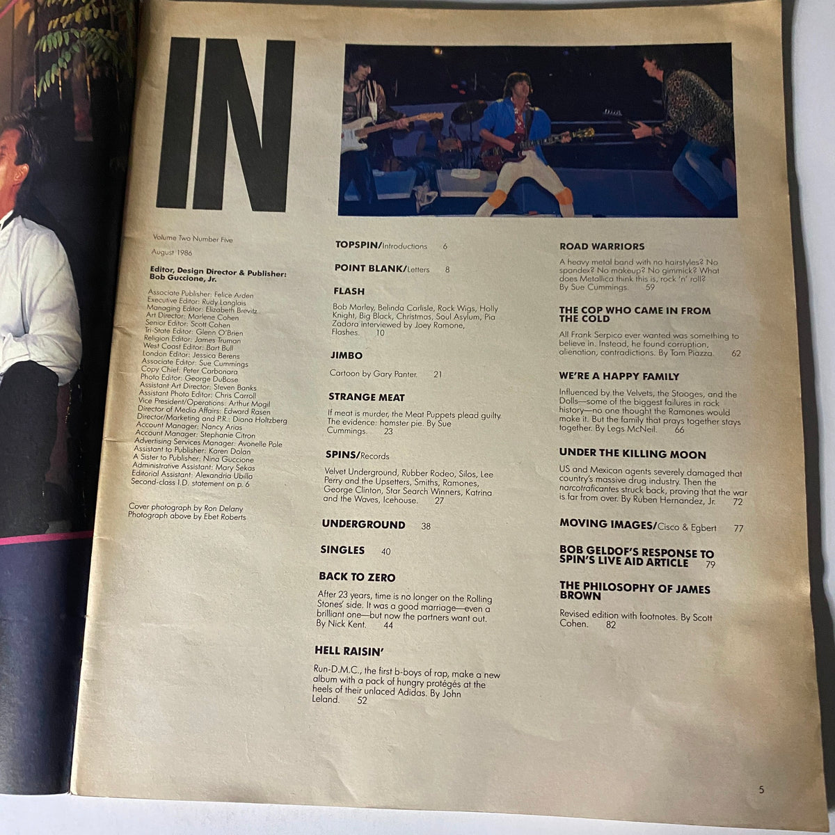 Inside page of VTG Spin Magazine August 1986 Vol 2 #5, containing content listings and photography capturing the essence of the 1980s music scene.