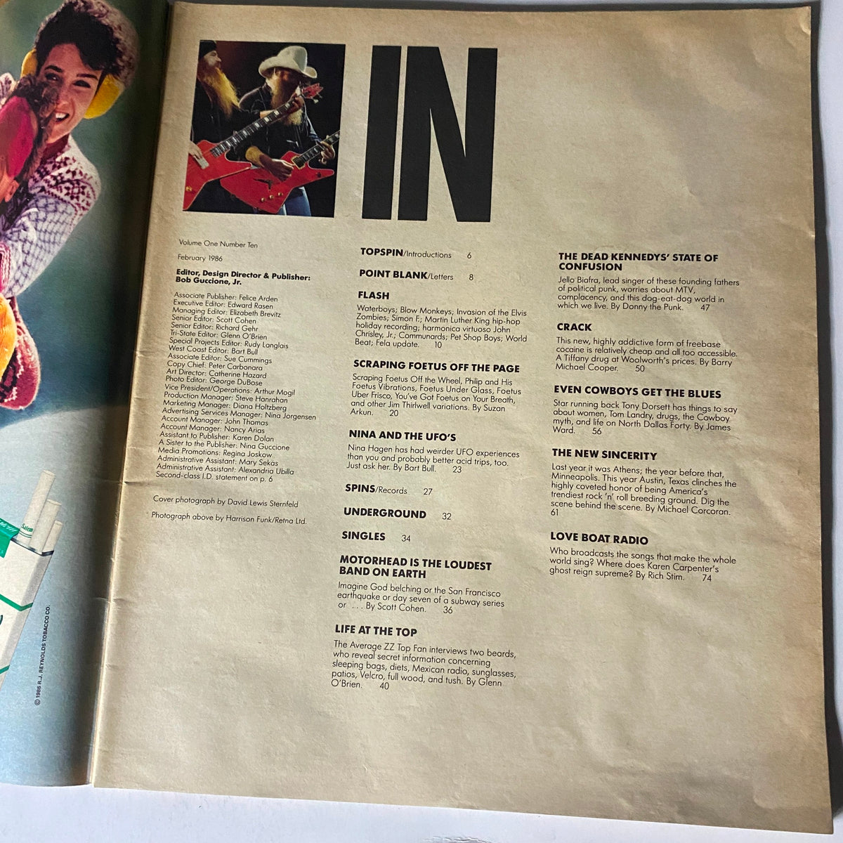 Interior page from the February 1986 Spin Magazine featuring ZZ Top and Nina Hagen, showcasing articles and music content from the 1980s rock scene.