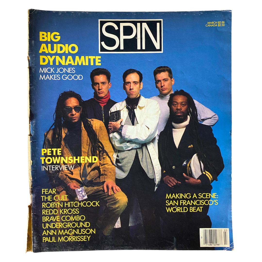 VTG Spin Magazine March 1986 Vol 1 No. 11 cover featuring Big Audio Dynamite and Pete Townshend, showcasing vintage music culture.