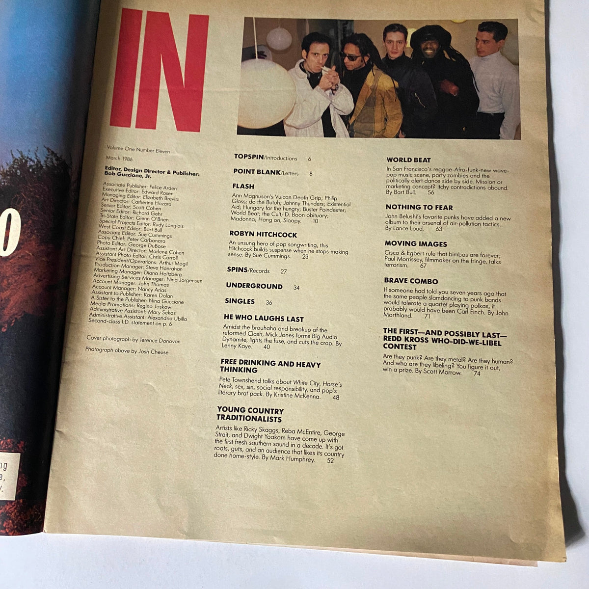 Inside page of VTG Spin Magazine March 1986 Vol 1 No. 11, featuring content list and articles relevant to the music scene of the 1980s.