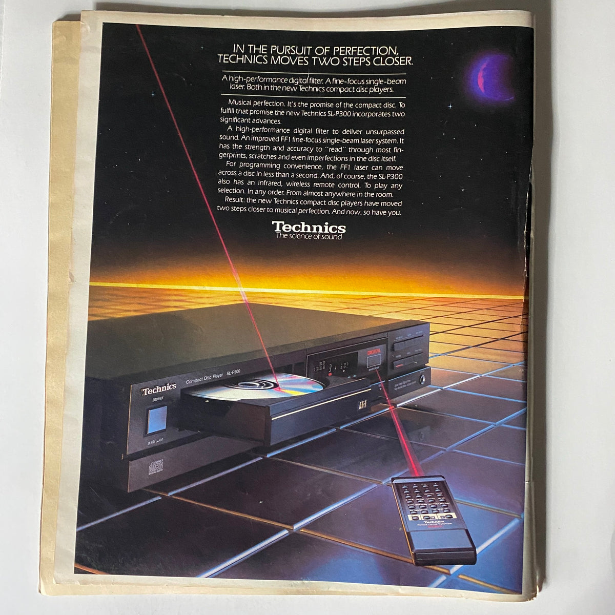 Vintage advertisement for Technics compact disc players featured in Spin Magazine March 1986 Vol 1 No 11. The ad showcases the Technics SL-P300 model with a futuristic design, highlighting its advanced laser technology and sound quality, set against a colorful, stylized background.
