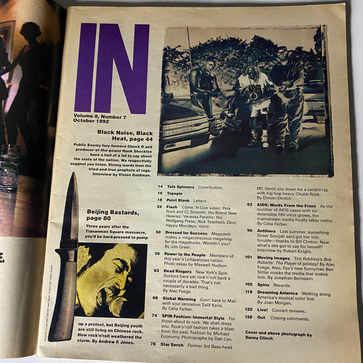 Inside page of Spin Magazine October 1992 Vol 8 No. 7 displaying the contents, including features on Black culture, Public Enemy, and discussions on social issues impacting the hip-hop scene.