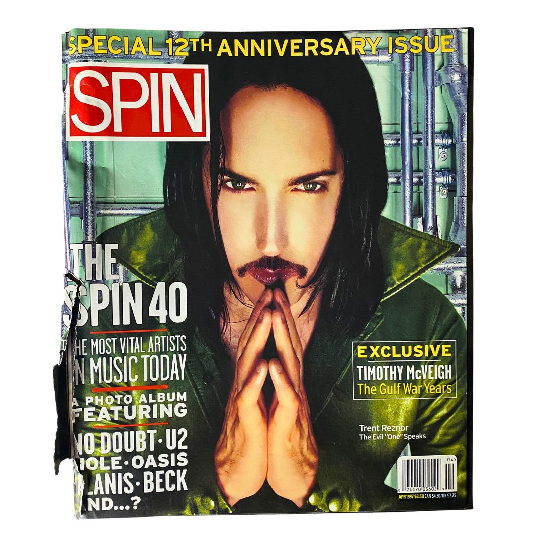 Cover of Spin Magazine April 1997 Vol 13 No. 1 featuring Trent Reznor, highlighting the Special 12th Anniversary issue and listing artists like No Doubt, U2, and others.