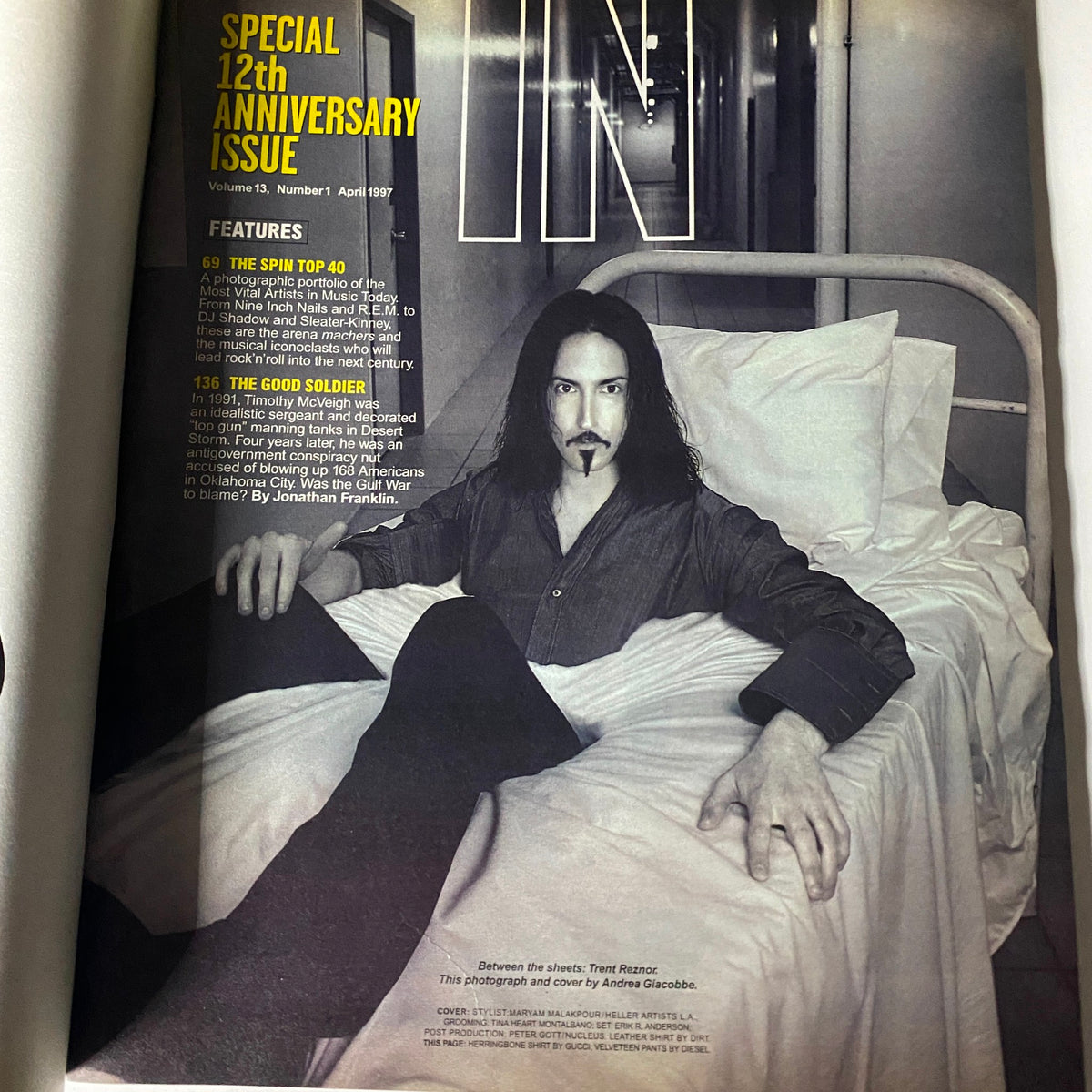 Interior page of Spin Magazine April 1997 Vol 13 No. 1, featuring Trent Reznor in a dramatic setting, discussing the music landscape of the late '90s.
