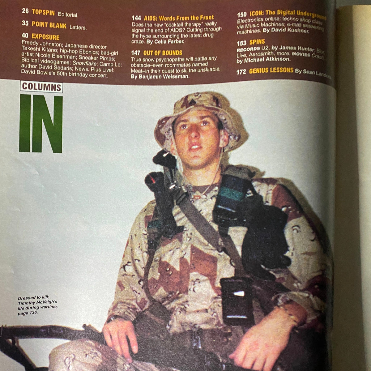 Another interior page from Spin Magazine April 1997 Vol 13 No. 1, showcasing an article related to Timothy McVeigh alongside military imagery.