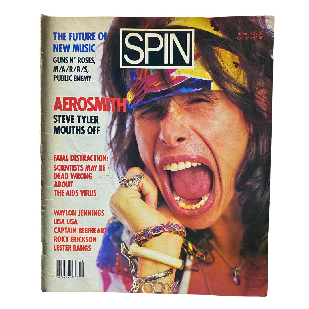 Cover of Spin Magazine January 1988 featuring Steve Tyler of Aerosmith, showcasing a vibrant image of Tyler passionately expressing himself with a colorful bandana and unique accessories.