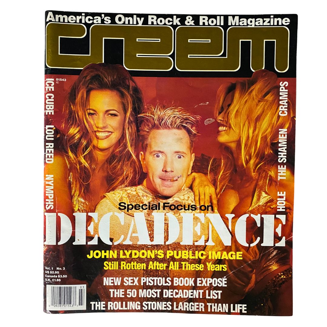 Cover of Creem Magazine March 1992 Vol 1 No. 3 Decadence Issue featuring iconic imagery and text highlighting John Lydon's public image, with models and the title prominently displayed.