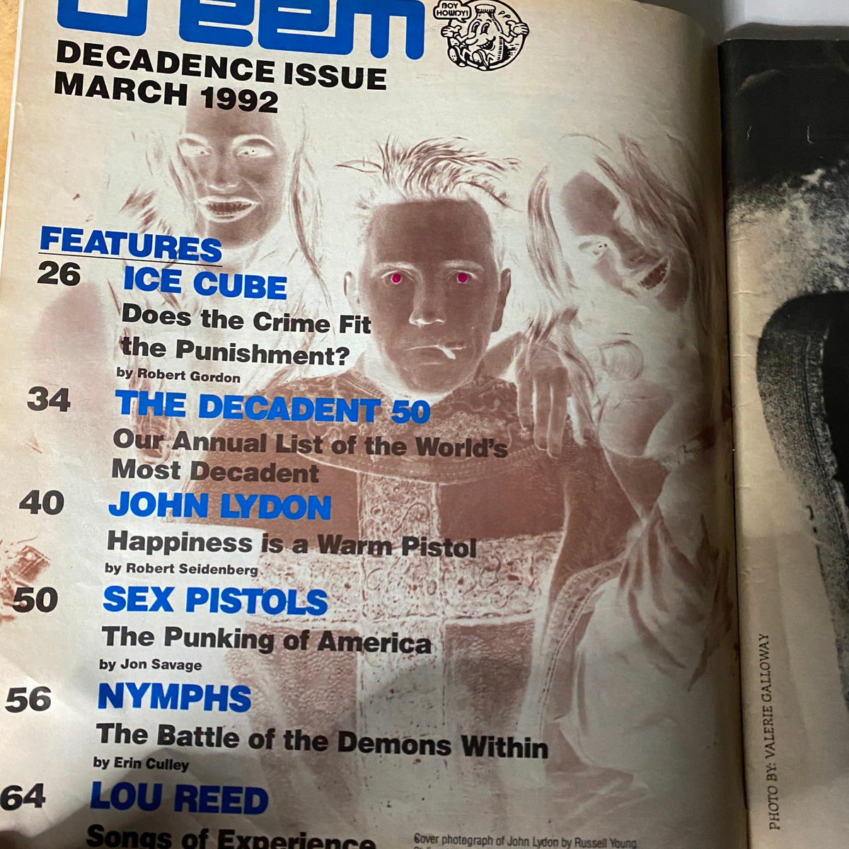 Cover of Creem Magazine March 1992, Vol 1 No. 3 Decadence Issue showcasing features including Ice Cube and John Lydon, with distinctive graphics and titles highlighting early 90s pop culture.