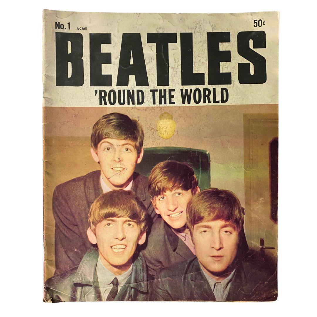 Vintage 1964 No 1 The Beatles Around The World Magazine cover featuring the iconic band, showcasing Lennon and McCartney with vibrant imagery, a must-have collector's item for fans of music history.