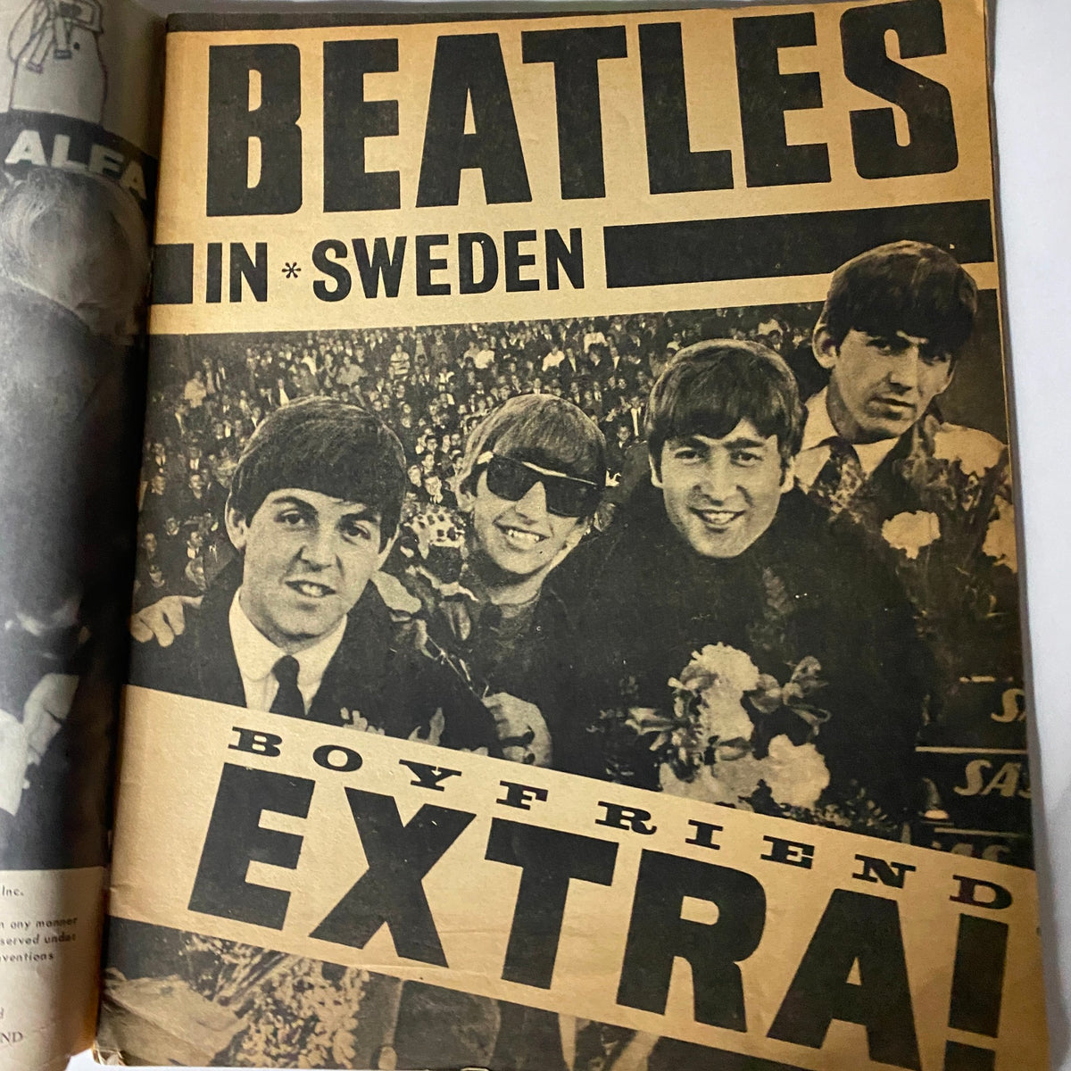 Vintage 1964 The Beatles Around The World Magazine cover featuring The Beatles in Sweden with Paul, John, George, and Ringo, showcasing early rock 'n' roll history.