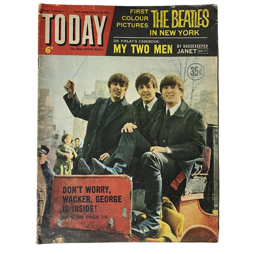 Cover of the vintage Today Magazine February 29, 1964 featuring The Beatles in New York, showcasing vibrant colors and headlines about the band.
