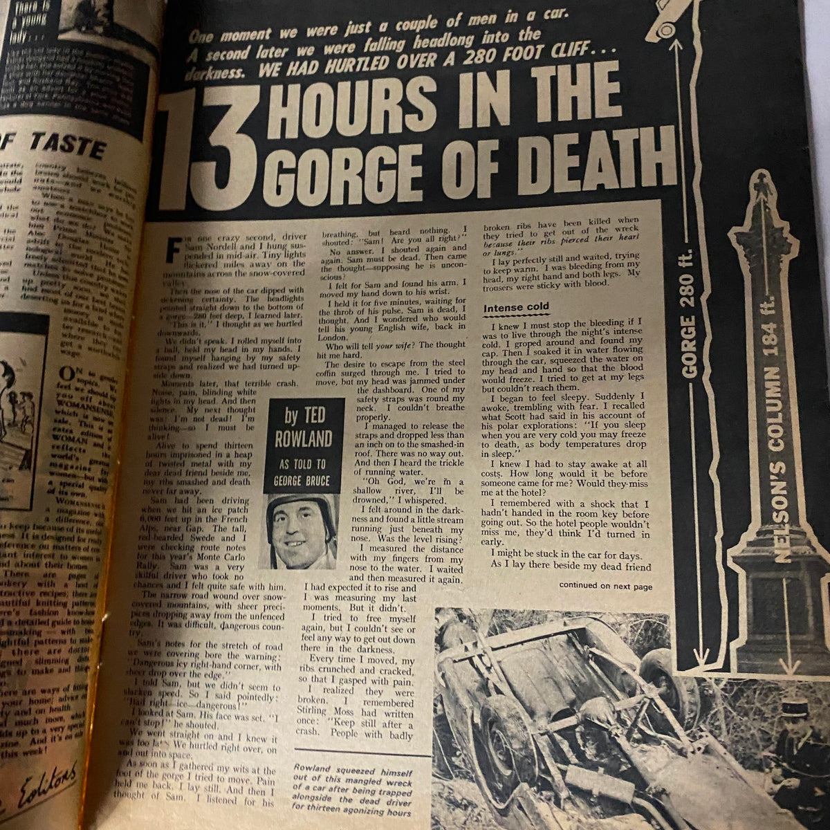 Page inside the vintage Today Magazine February 29, 1964, detailing a dramatic story titled '13 Hours in the Gorge of Death'.
