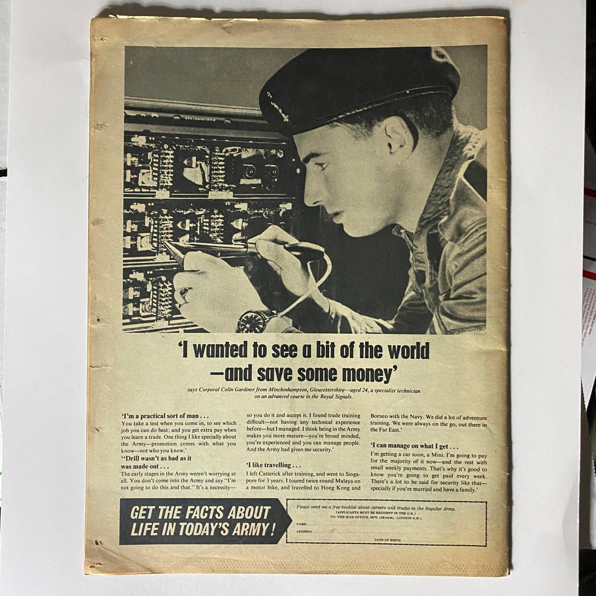 An advertisement in VTG Today Magazine February 29, 1964 showcasing a soldier named Corporal Colin Gardner. The image captures him working on electronic equipment with the headline expressing his desire to explore the world while serving in the army.
