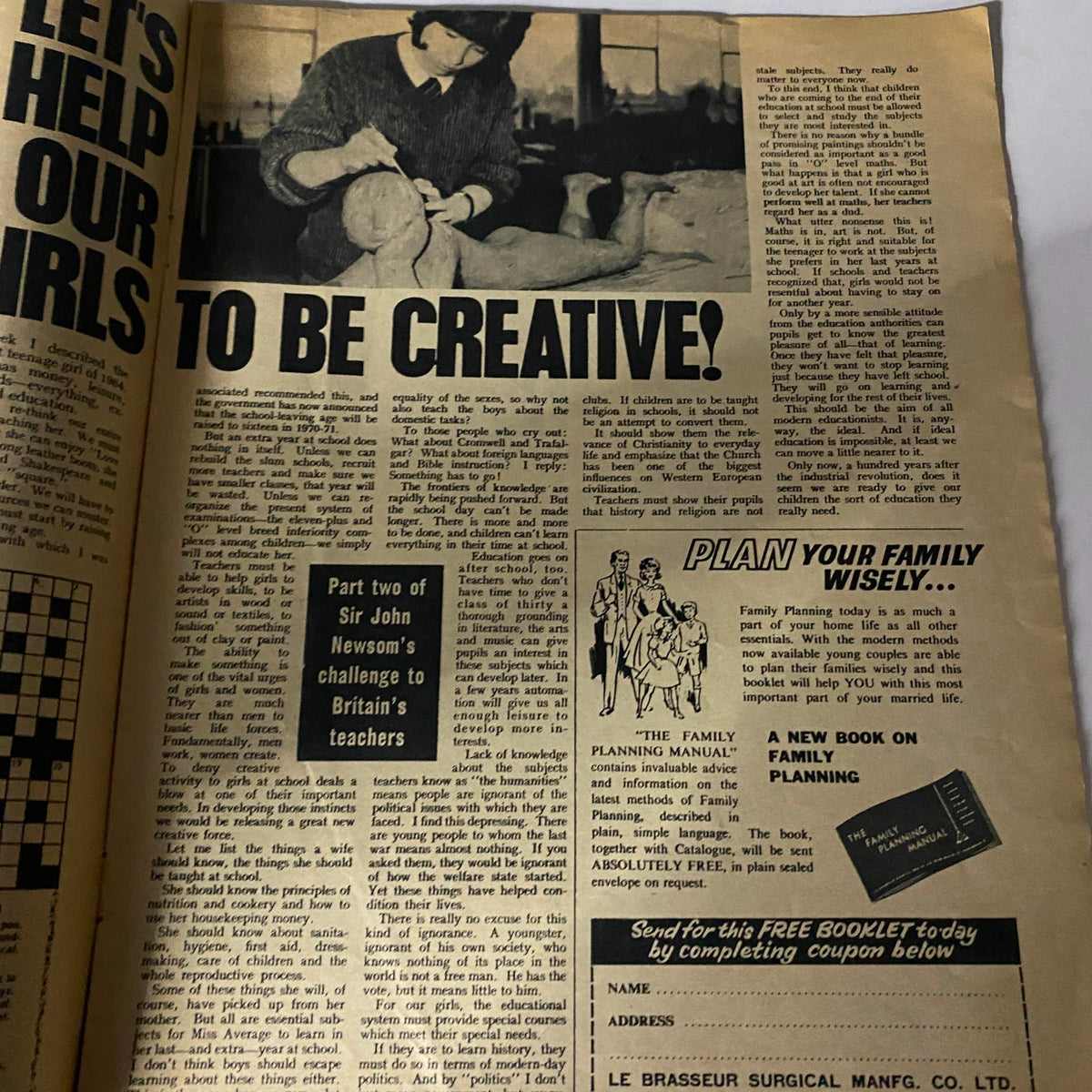 Inside page of VTG Today Magazine May 9 1961 discussing educational challenges in Britain, featuring a photo of a teacher assisting children creatively.