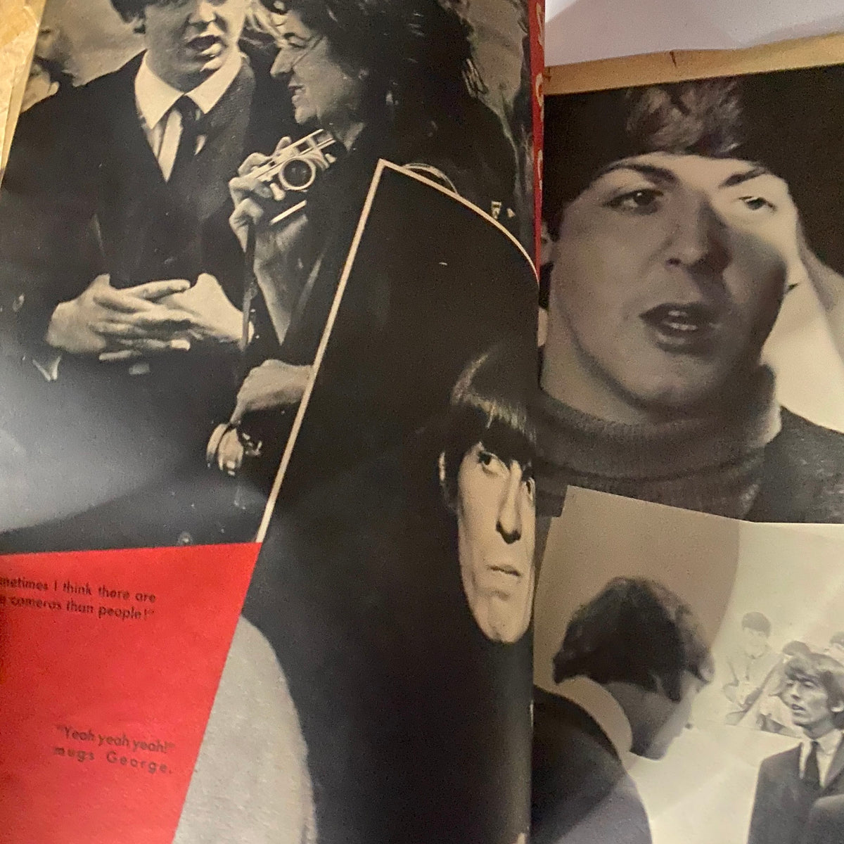 Interior pages of the 1964 Beatlemania magazine displaying black and white photographs of The Beatles alongside playful commentary and illustrations.