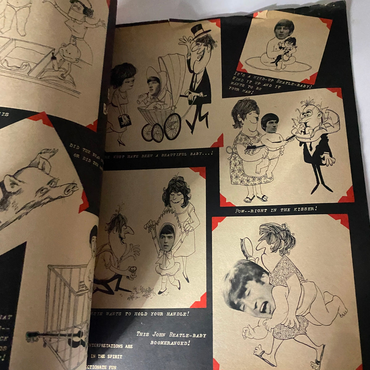 Illustrated pages from the 1964 Beatlemania magazine featuring humorous caricatures related to The Beatles and nostalgic graphics.