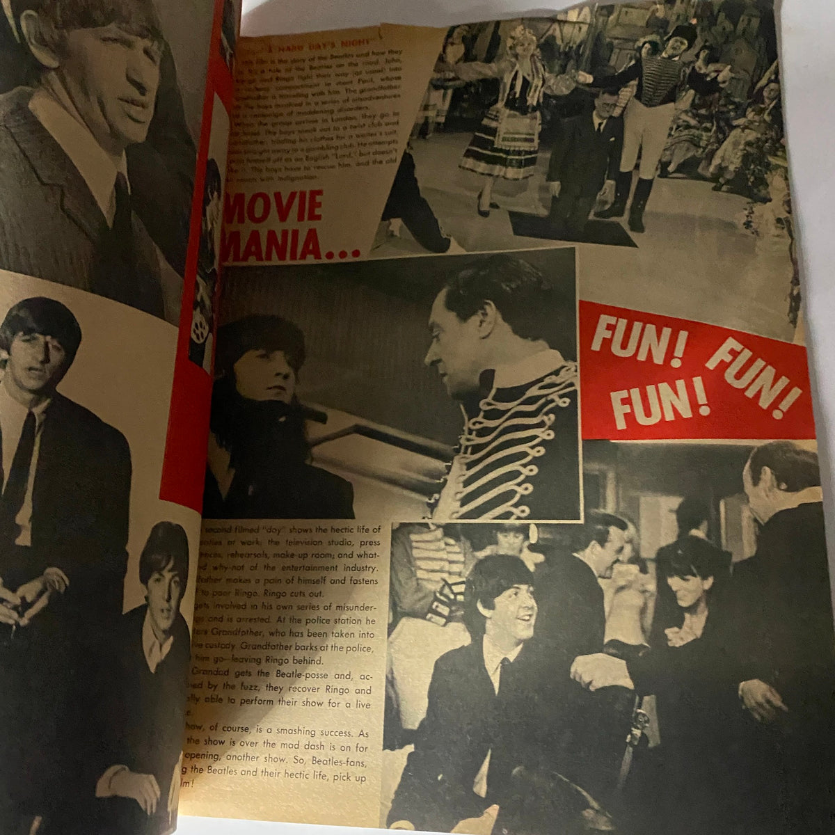 1964 vintage magazine page featuring The Beatles with a collage of images capturing the excitement of Beatlemania, showcasing Paul's playful pose and notable film themes, a must-have collectors item.