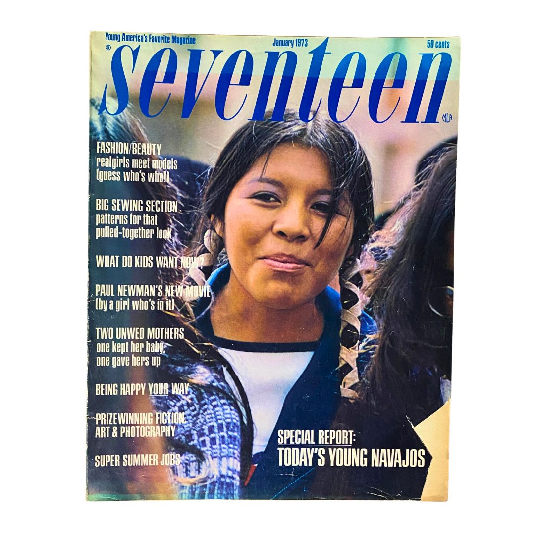 Cover of Seventeen Magazine from January 1973, featuring the special report 'Today's Young Navajos', showcasing a young Navajo girl.