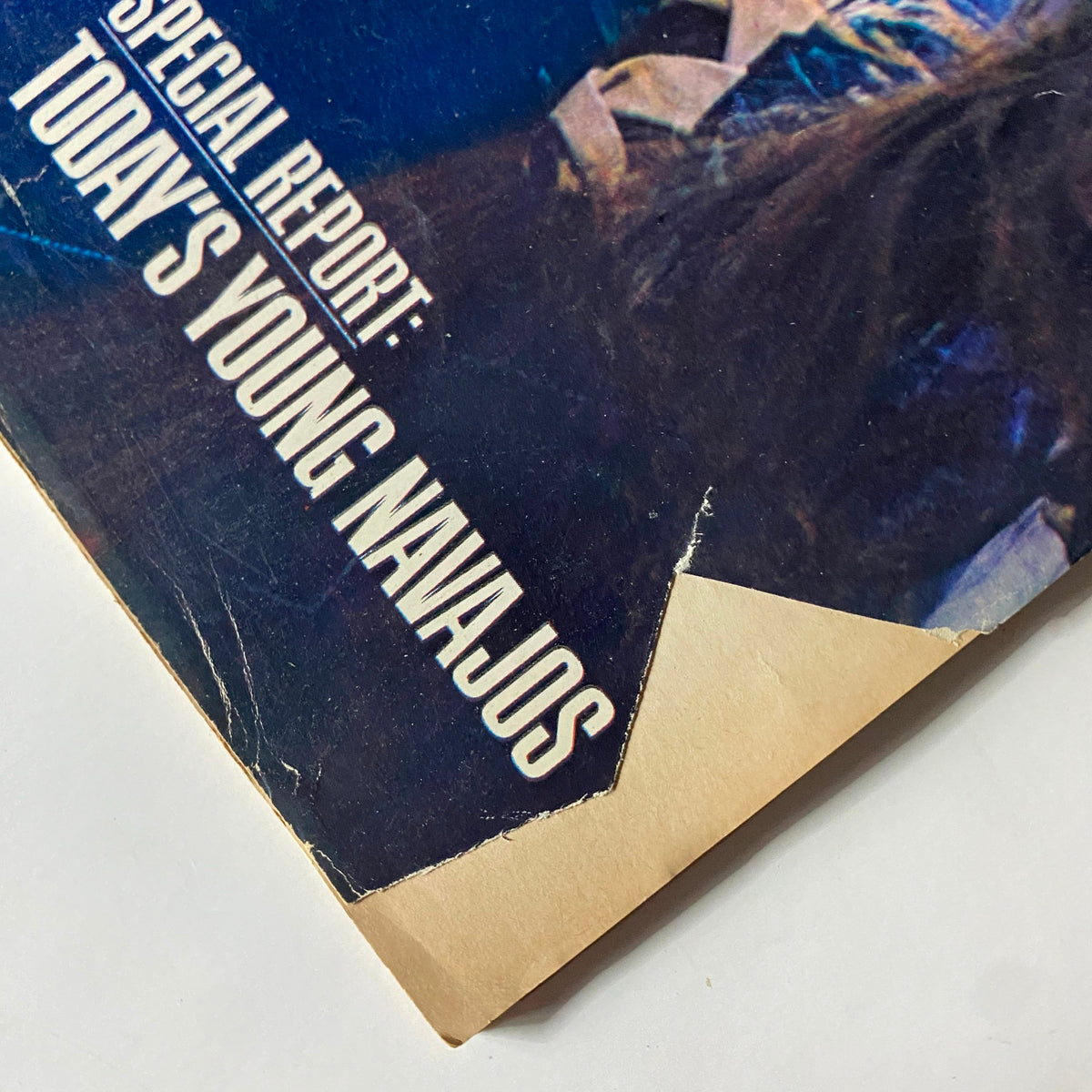 Close-up of the corner of the cover of Seventeen Magazine January 1973, highlighting the title 'Today's Young Navajos'.