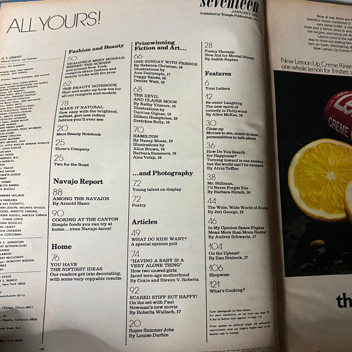 Table of contents page from Seventeen Magazine January 1973, listing articles including 'Navajo Report' and other features.