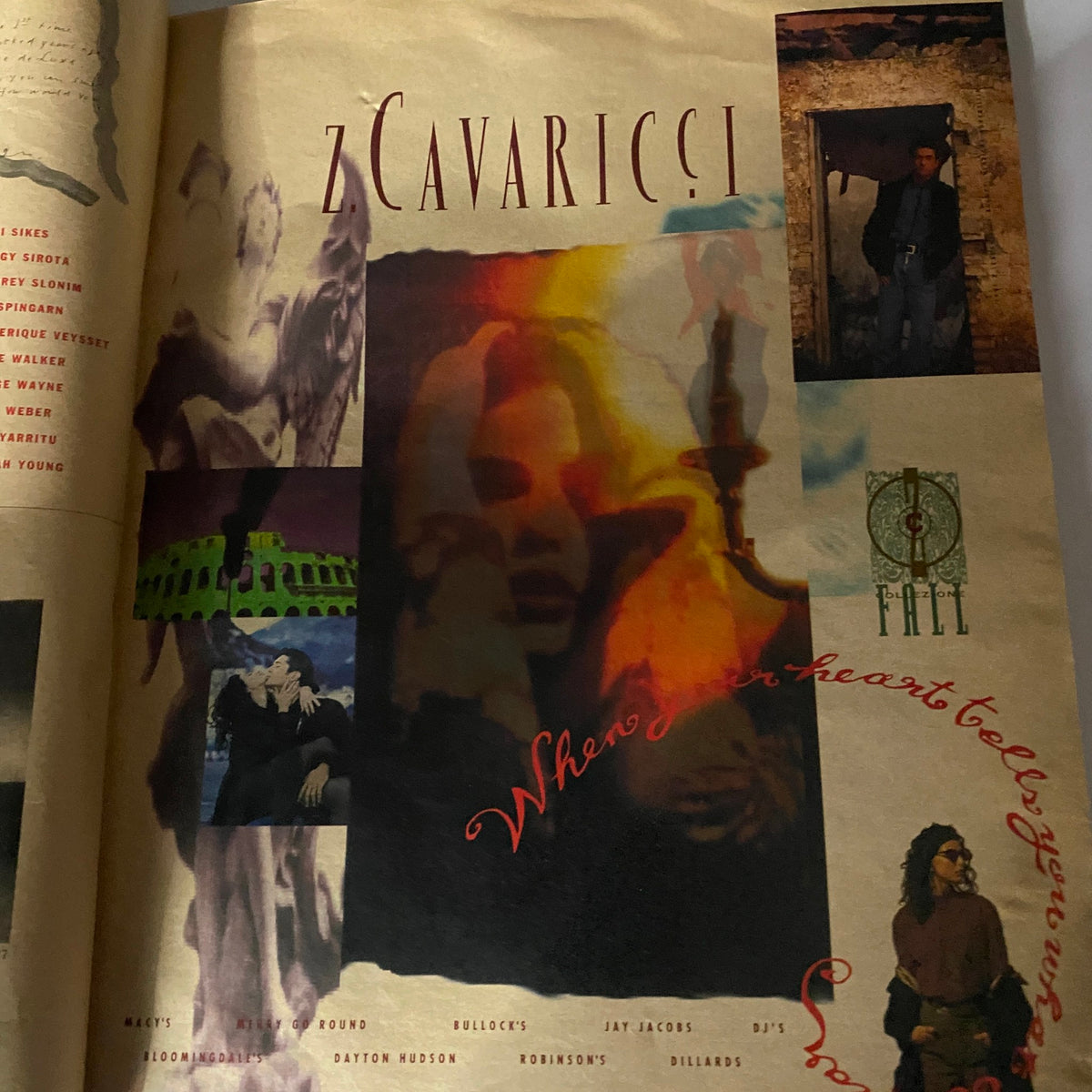 A vintage magazine page from Interview Magazine November 1991 featuring a fashion advertisement for Z Cavaricci with artistic graphics and a variety of images. The issue showcases Keanu Reeves and River Phoenix on the cover.