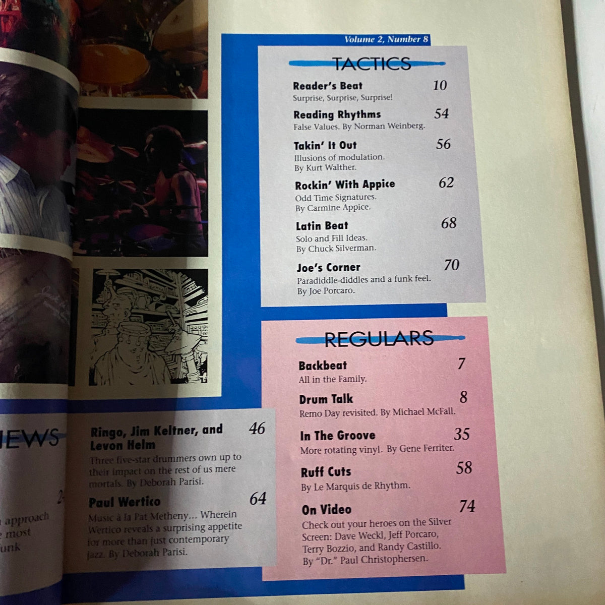 Another interior page of Rhythm Total Percussion Magazine December 1989 showing tactics and regular features about drumming techniques and interviews with drummers.