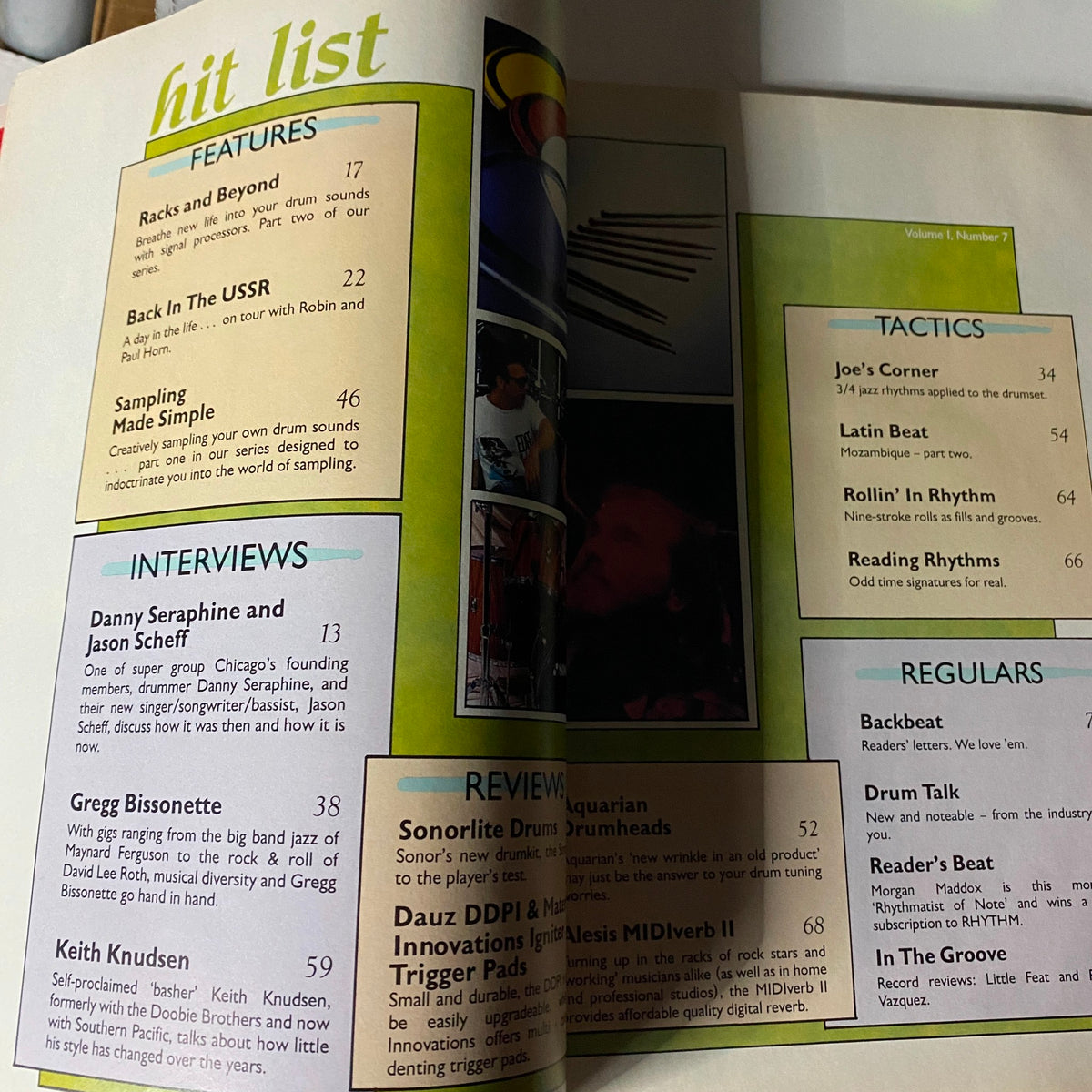 Interior page of Rhythm Total Percussion Magazine, November 1988 displaying the hit list section, including interviews and articles related to drumming and musicians.