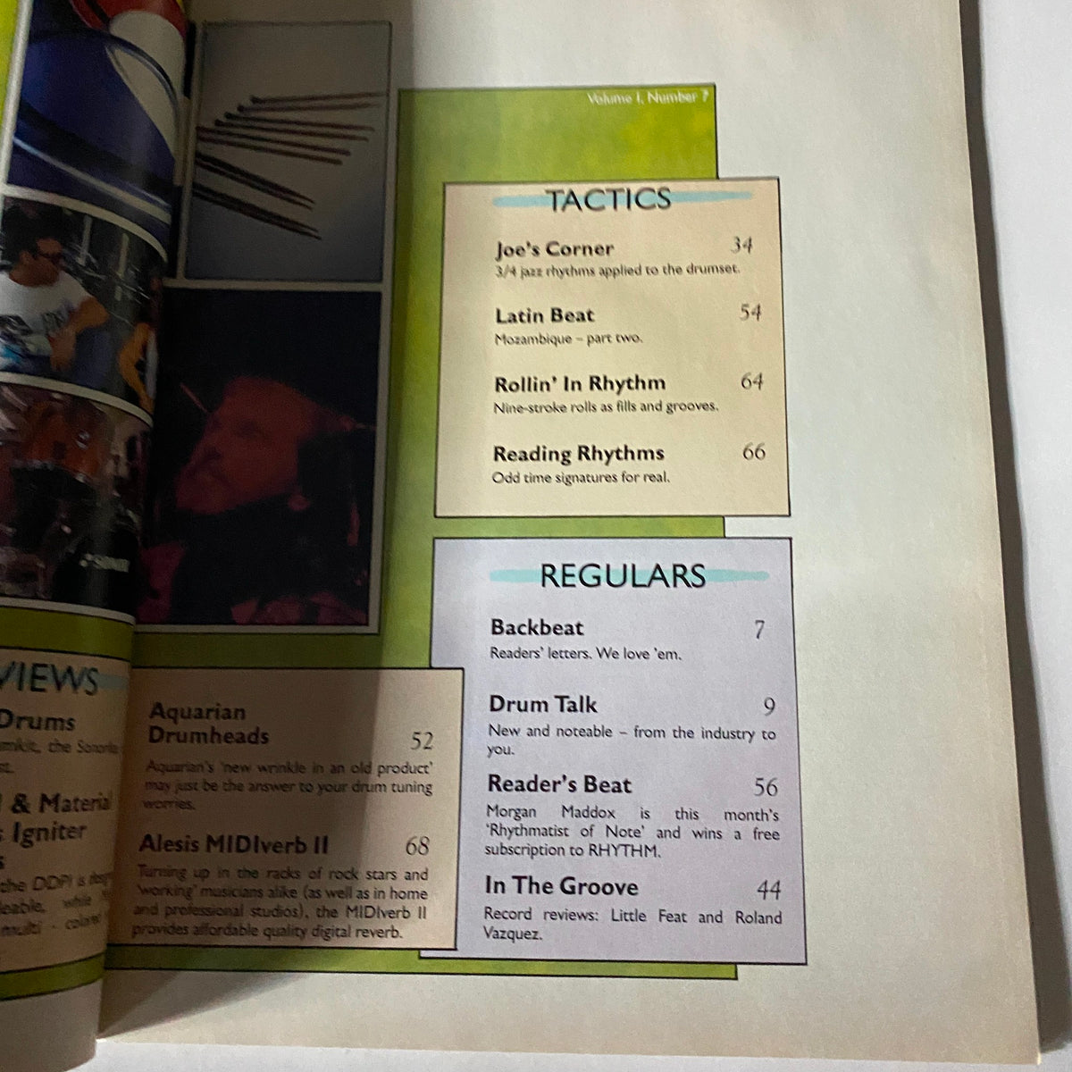 Another interior page of Rhythm Total Percussion Magazine, November 1988 highlighting tactics and regular sections, focused on drumming techniques and insights.