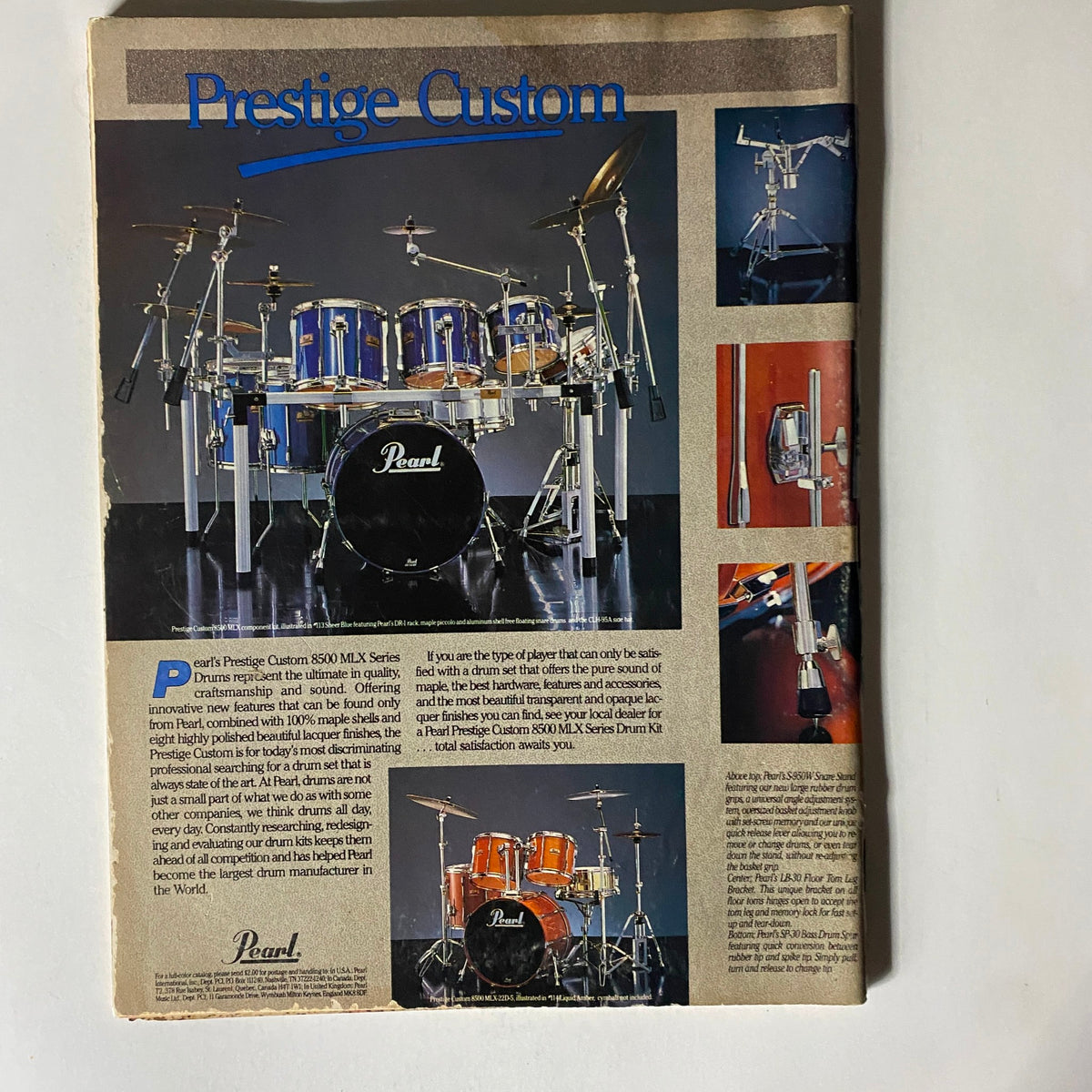 Advertisment in Rhythm Total Percussion Magazine, November 1988 showcasing Pearl Prestige Custom drums, emphasizing quality craftmanship and features of the drum kit.