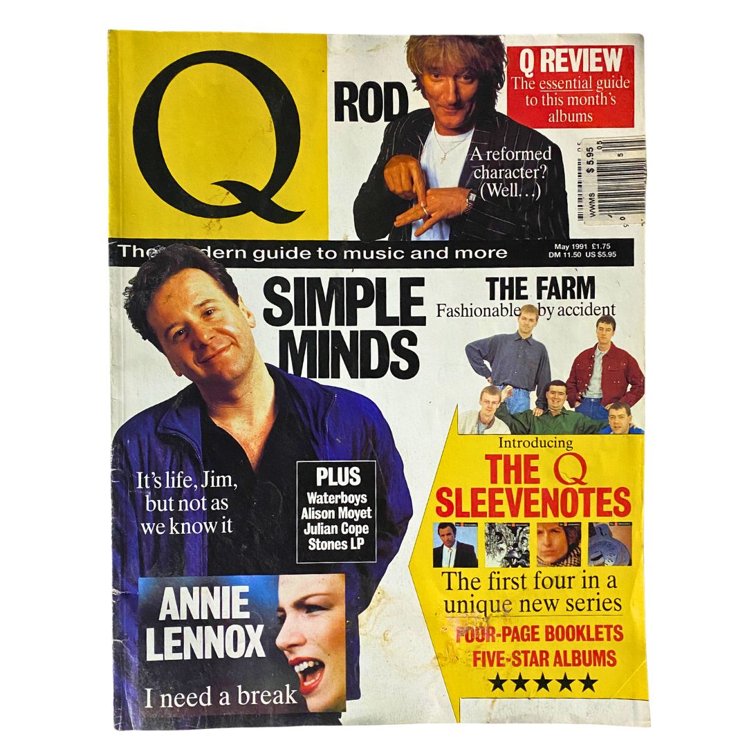 Q Magazine May 1991, Issue No. 56 featuring Simple Minds, Jim Kerr, Annie Lennox, and The Waterboys. The cover showcases highlights like 'It’s life, Jim, but not as we know it' and includes mention of music reviews and featured artists.