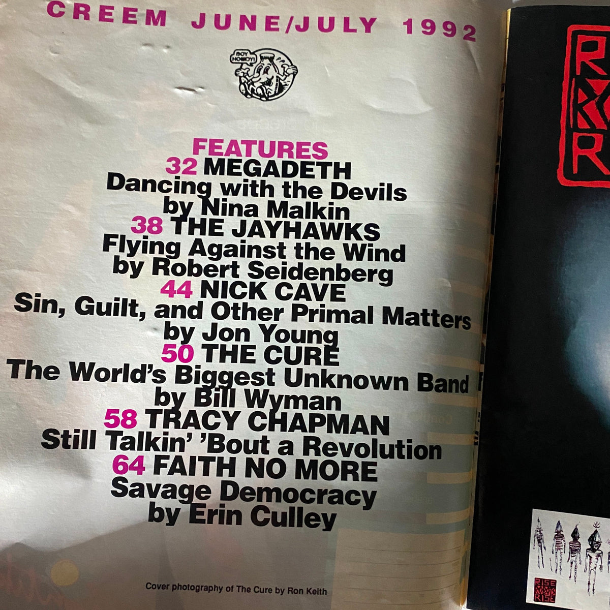 Inside spread of Creem Magazine June July 1992 Vol 1 #7 listing featured articles including Megadeth, The Jayhawks, Nick Cave, The Cure, Tracy Chapman, and Faith No More.
