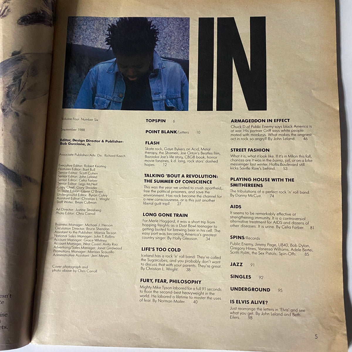 Interior page of Spin Magazine September 1988, Vol 4 No. 6, featuring content layout and highlights from the issue.