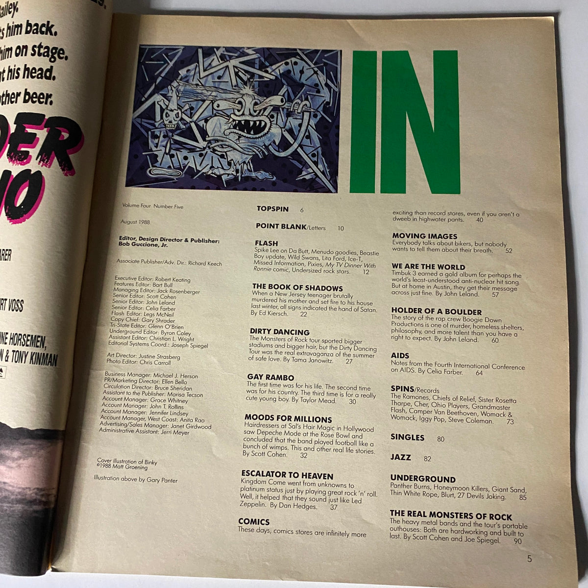 Inside page of VTG Spin Magazine August 1988 Vol 4 No. 5, presenting table of contents and artistic illustrations relevant to the late 80s music scene.