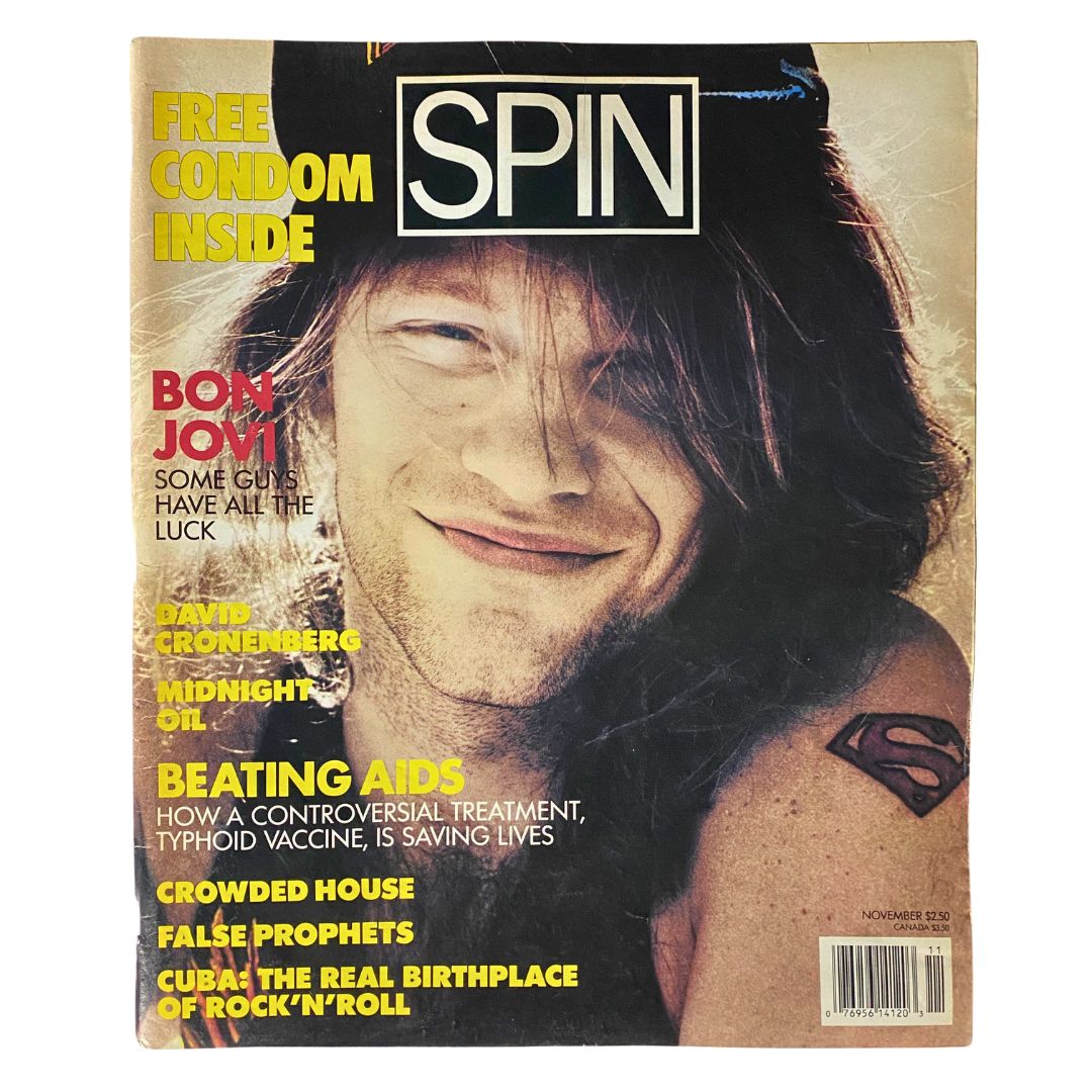 VTG Spin Magazine November 1988 Vol 4 No. 8 cover featuring Bon Jovi, David Cronenberg, and articles of the late 1980s pop culture.