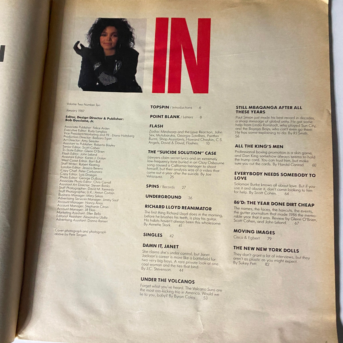 Interior page of Spin Magazine January 1987 Vol 2 No. 10 containing the table of contents and article listings, with a photo of Janet Jackson, providing insights into the music scene of the late 1980s.