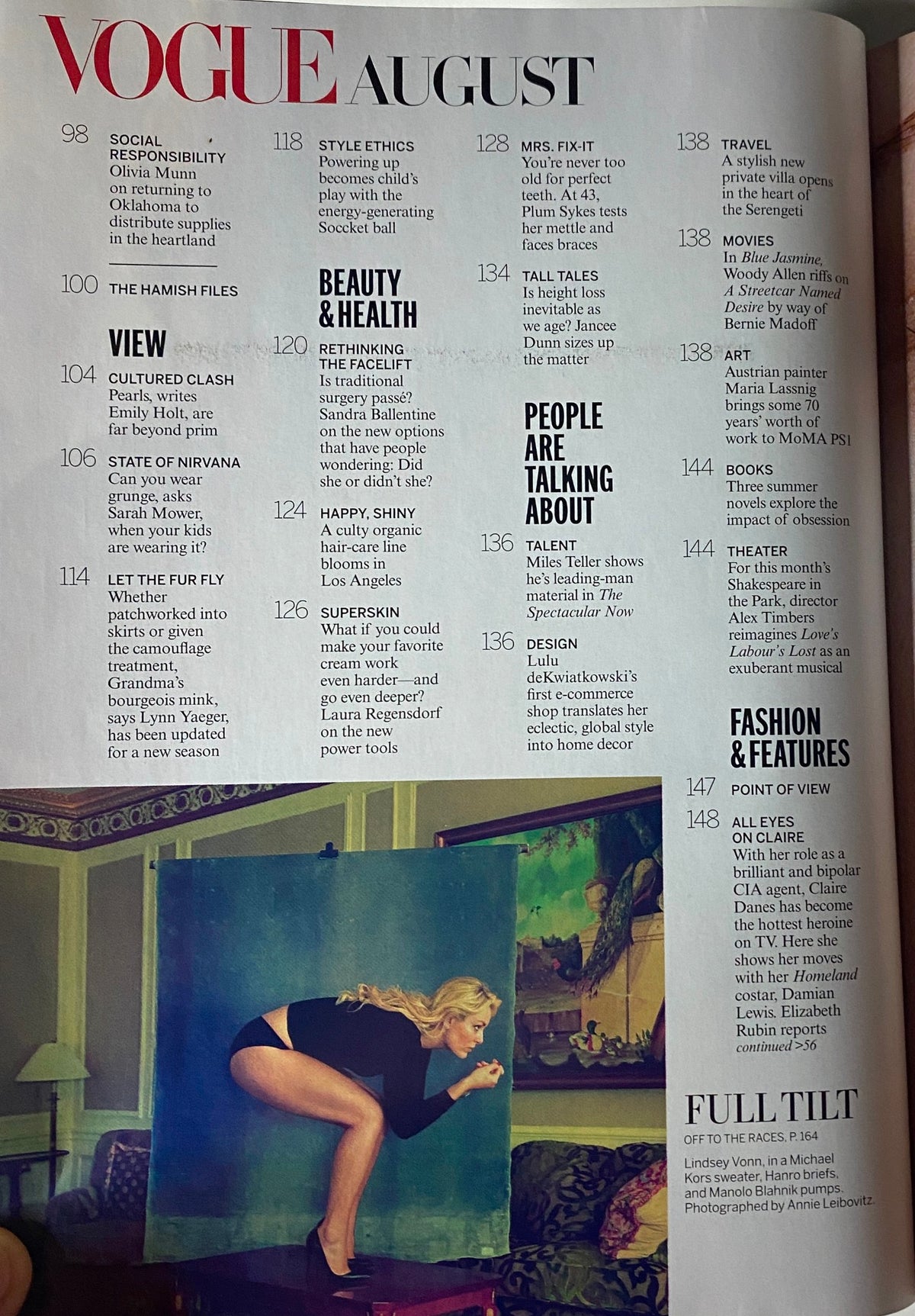 Another interior page of Vogue Magazine August 2013 featuring articles on beauty, health, and lifestyle, highlighting the magazine's editorial focus.