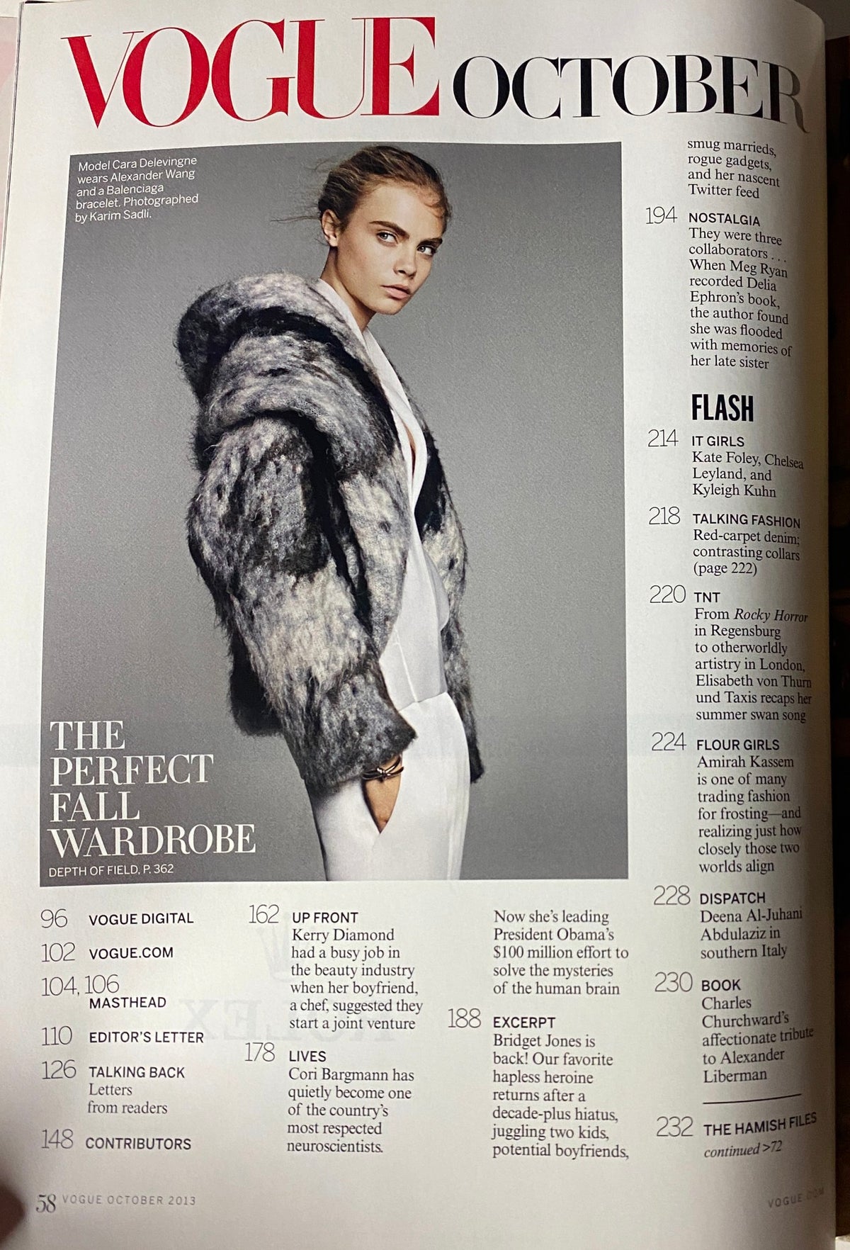 Interior page of Vogue Magazine October 2013, showcasing the contents including 'The Perfect Fall Wardrobe' and various editorial highlighted sections.