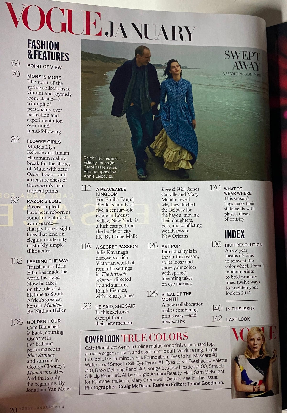 Editorial page from Vogue Magazine January 2014, showcasing fashion features and key articles related to fashion and lifestyle.