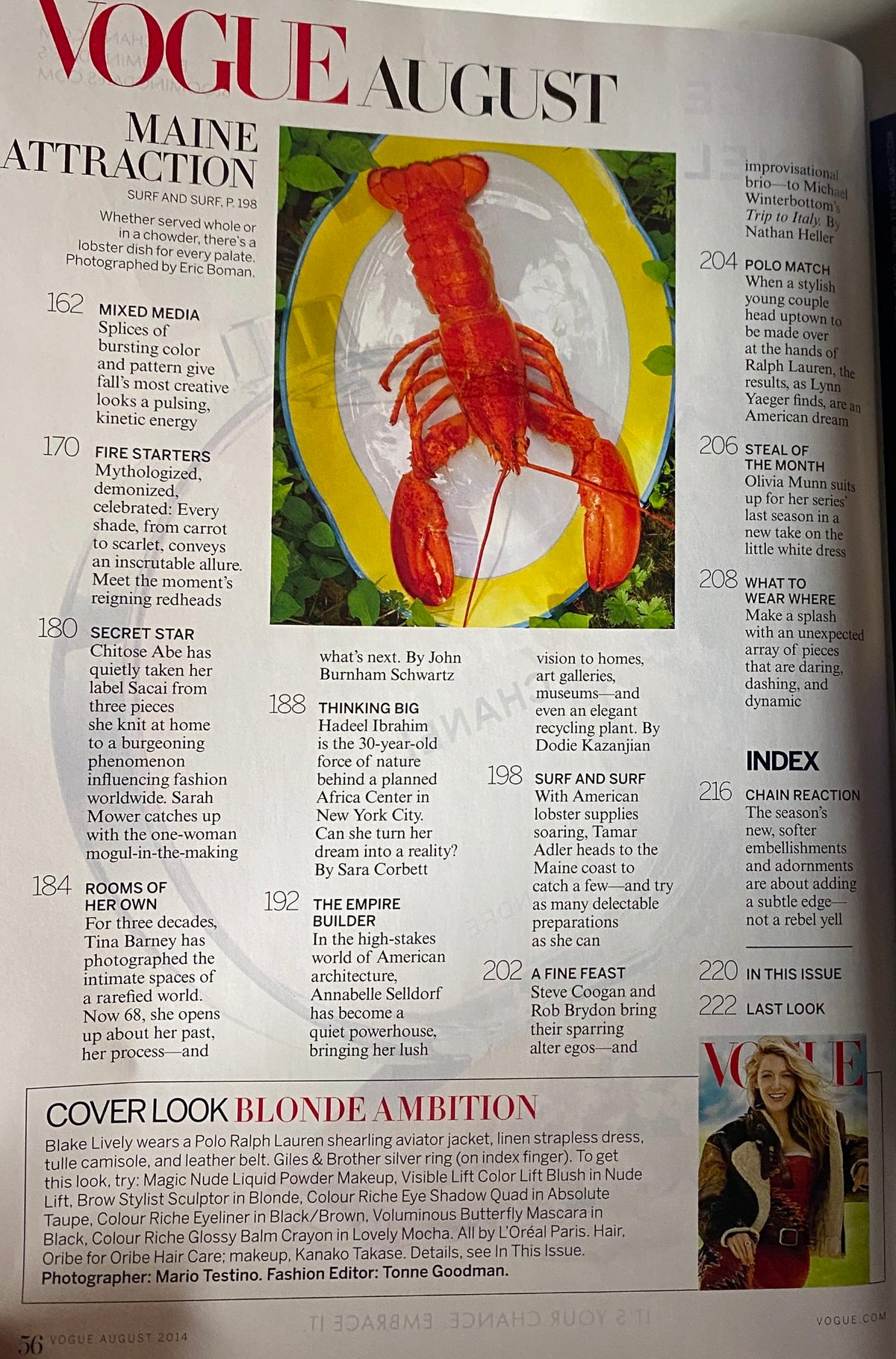 Vogue Magazine August 2014 Blake Lively Cover No Label VG - A section of the magazine showcasing articles with a vibrant lobster illustration.