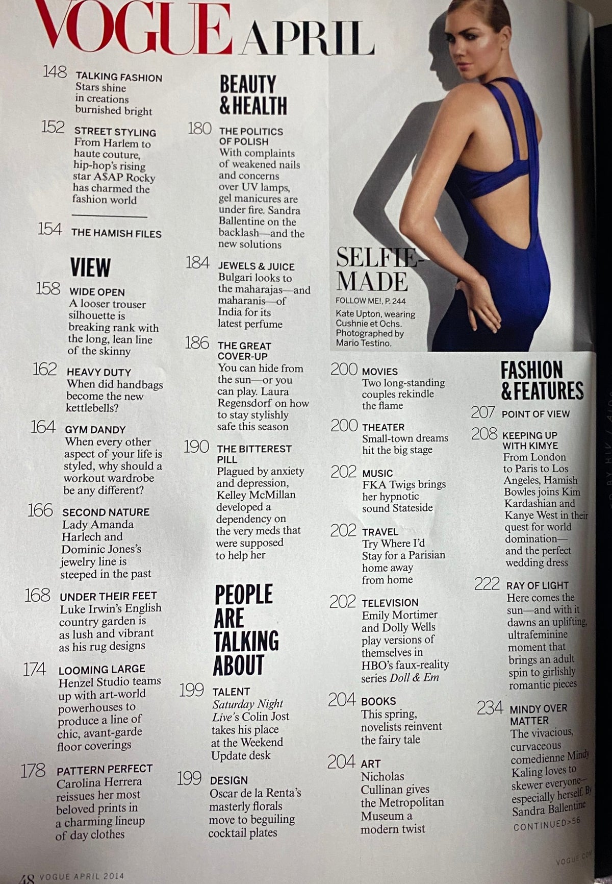 Contents page of Vogue Magazine April 2014 detailing various articles, including beauty and health topics, titled 'Vogue Magazine April 2014 Kanye West & Kim Kardashian Cover No Label VG'.